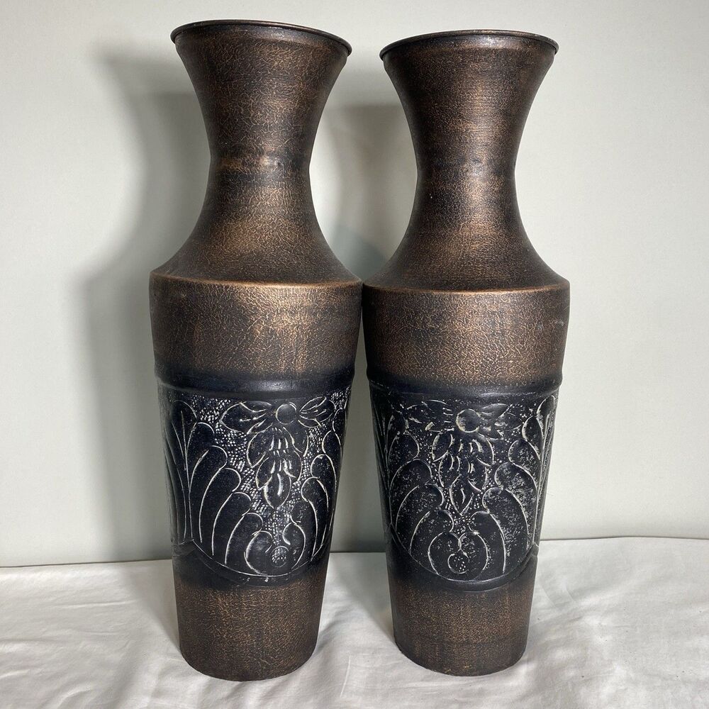 Pair of 18" Vases Elegant Expressions Large Embossed Iron Bronze Floral Decor